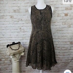 Nanette Lepore Black/Tan Embroidered Pleated Sleeveless Flare Dress Size 0